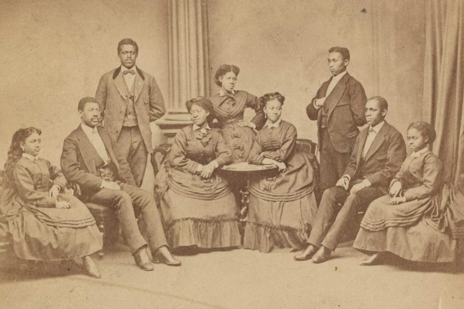 A nineteenth-century group portrait of the Fisk Jubilee Singers, in formal dress, on a carte de visite card